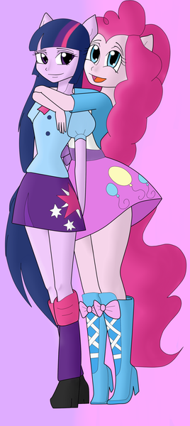 Size: 1103x2473 | Tagged: safe, artist:muchgirl, artist:muchigirl, derpibooru import, pinkie pie, twilight sparkle, human, equestria girls, boots, clothes, duo, eared humanization, female, hug, hug from behind, humanized, image, lesbian, png, shipping, shoes, simple background, skirt, tailed humanization, twinkie