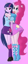Size: 1103x2473 | Tagged: safe, artist:muchigirl, derpibooru import, pinkie pie, twilight sparkle, human, equestria girls, boots, clothes, eared humanization, female, hug, hug from behind, humanized, image, lesbian, png, shipping, shoes, simple background, skirt, tailed humanization, twinkie