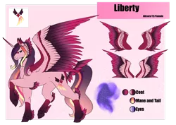 Size: 1920x1358 | Tagged: safe, artist:oneiria-fylakas, derpibooru import, oc, oc:liberty, alicorn, pony, colored wings, feathered fetlocks, female, gradient wings, image, mare, multicolored wings, png, reference sheet, solo, tail feathers, wings