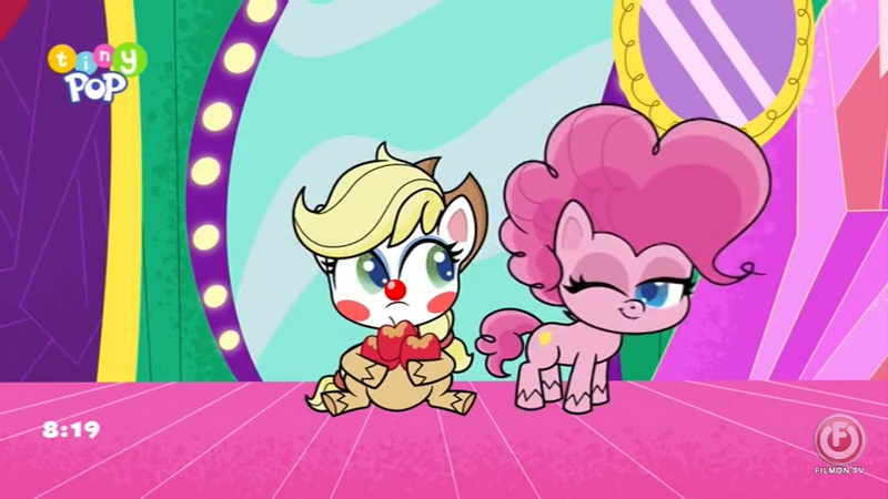 Size: 853x480 | Tagged: safe, derpibooru import, applejack, pinkie pie, my little pony: pony life, spoiler:pony life, spoiler:pony life s02e19, apple, clown, clown makeup, clown nose, food, image, lolly-pop, mirror, png, smug