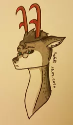 Size: 1433x2437 | Tagged: safe, artist:agdapl, derpibooru import, deer, antlers, bust, crossover, glasses, image, jpeg, male, medic, signature, smiling, solo, species swap, team fortress 2, traditional art