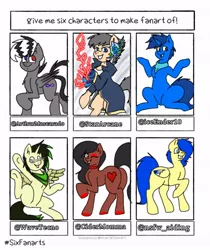 Size: 570x680 | Tagged: safe, artist:theuzponyclop, derpibooru import, oc, unofficial characters only, alicorn, earth pony, pegasus, pony, six fanarts, alicorn oc, clothes, colored hooves, earth pony oc, female, glowing hooves, horn, image, jpeg, male, mare, one eye closed, pegasus oc, raised hoof, shrug, smiling, stallion, wings, wink