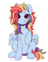 Size: 3119x4000 | Tagged: safe, artist:cherry_kotya, derpibooru import, rainbow dash, pegasus, pony, alternate hairstyle, blushing, cute, dashabetes, female, high res, image, long hair, long mane, looking at you, mare, one hoof raised, png, simple background, sitting, smiling, smiling at you, solo, white background, wings