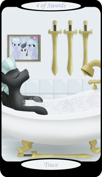 Size: 1500x2591 | Tagged: safe, artist:sixes&sevens, derpibooru import, part of a set, cloudchaser, flitter, rumble, thunderlane, pegasus, bathroom, bathtub, bubble bath, eyes closed, four of swords, image, male, minor arcana, png, solo, sword, tarot card, weapon