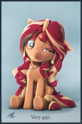 Size: 3600x5400 | Tagged: safe, artist:imafutureguitarhero, derpibooru import, sunset shimmer, pony, unicorn, 3d, absurd resolution, alternate mane, arm freckles, behaving like a cat, border, cheek fluff, chest freckles, chin fluff, chromatic aberration, colored eyebrows, colored eyelashes, cute, ear fluff, female, film grain, floppy ears, fluffy, freckles, fur, gay, horn, image, jpeg, louis wain, male, mare, monocle, multicolored hair, multicolored mane, multicolored tail, nose wrinkle, recreation, revamped ponies, shimmerbetes, signature, sitting, smiling, smug, solo, source filmmaker, text
