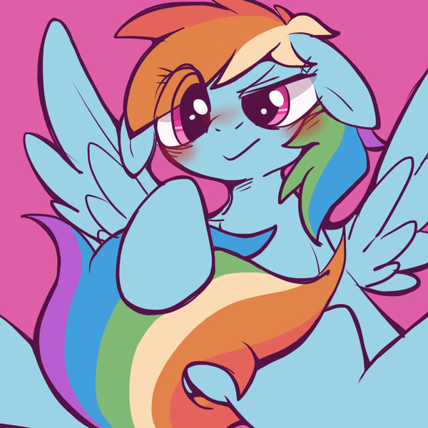 Size: 768x768 | Tagged: safe, artist:utoimohu, derpibooru import, rainbow dash, pegasus, pony, blushing, eye clipping through hair, female, floppy ears, image, jpeg, magenta background, mare, pink background, pixiv, rainbow dash is not amused, simple background, solo, spread legs, spreading, strategically covered, tail censor, unamused