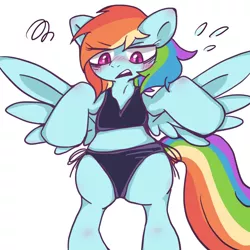 Size: 768x768 | Tagged: safe, artist:utoimohu, derpibooru import, rainbow dash, pegasus, pony, bikini, bikini bottom, bikini top, bipedal, black bikini, clothes, female, image, jpeg, mare, pixiv, rainbow dash is not amused, simple background, solo, spread wings, sweat, sweatdrops, swimsuit, unamused, white background, wings