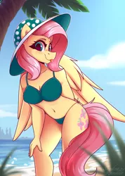 Size: 1600x2250 | Tagged: suggestive, artist:shadowreindeer, derpibooru import, fluttershy, anthro, :p, adorasexy, beach, belly button, bikini, breasts, busty fluttershy, clothes, cute, hat, image, jpeg, sexy, shyabetes, swimsuit, tongue out