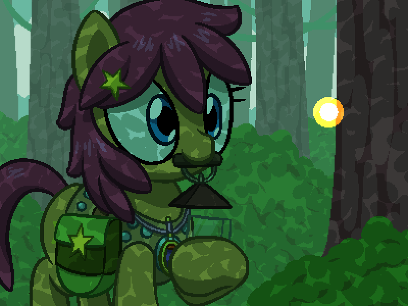 Size: 800x600 | Tagged: safe, artist:rangelost, derpibooru import, oc, oc:trailblazer, unofficial characters only, earth pony, firefly (insect), insect, pony, cyoa:d20 pony, bag, bush, female, forest, image, lantern, mare, morning, mouth hold, outdoors, png, saddle bag, solo, tree