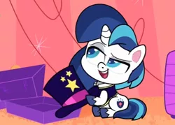 Size: 1124x805 | Tagged: safe, derpibooru import, screencap, magic hat, shining armor, pony, unicorn, my little pony: pony life, spoiler:pony life s02e20, cropped, hat, image, little miss fortune, male, open mouth, png, sitting, solo