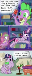 Size: 1080x2540 | Tagged: safe, artist:hoofclid, derpibooru import, spike, twilight sparkle, twilight sparkle (alicorn), alicorn, dragon, pony, book, comic, crying, golden oaks library, heartwarming, hug, image, library, png, sapling, tree, twilight's castle, winged spike, winghug, wings