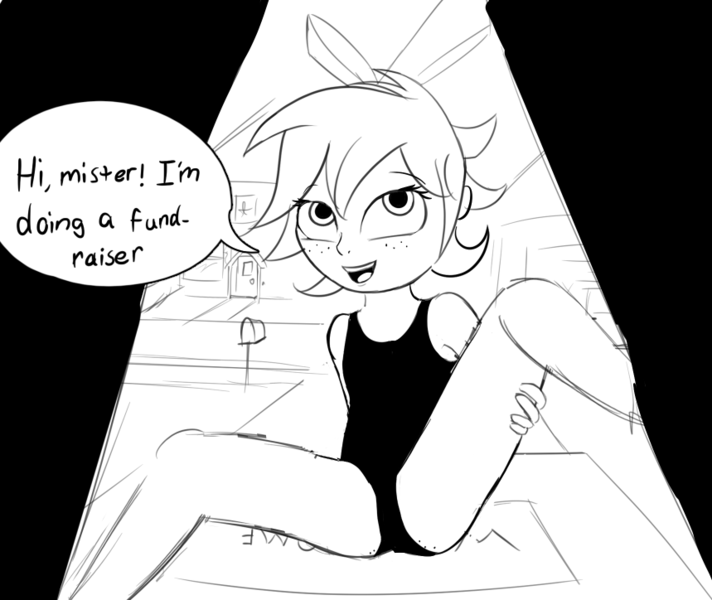 Size: 859x724 | Tagged: questionable, artist:permpony, banned from derpibooru, ponybooru import, oc, oc:susie supreme, human, black and white, bow, butt freckles, clothes, dialogue, female, freckles, grayscale, hair bow, house, humanized, humanized oc, image, leg grab, leotard, lolicon, looking up, mailbox, monochrome, png, presenting, sketch, smiling, solo focus, spreading, spread legs, underage