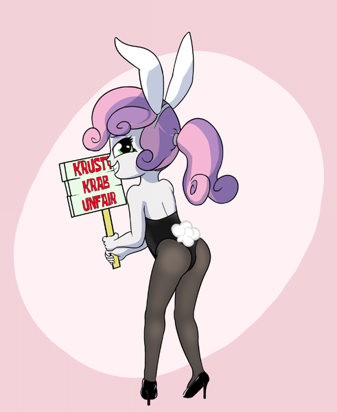 Size: 741x906 | Tagged: suggestive, artist:permpony, banned from derpibooru, ponybooru import, sweetie belle, equestria girls, abstract background, alternate hairstyle, bunny suit, butt, clothes, commission, female, high heels, image, leotard, lolicon, looking back, playboy bunny, playboy bunny sweetie belle, png, ponytail, shoes, sign, solo, spongebob reference, sweetie butt, underage