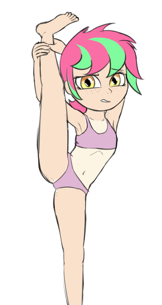 Size: 477x901 | Tagged: suggestive, artist:permpony, banned from derpibooru, ponybooru import, oc, oc:susie supreme, human, armpits, belly button, bra, butt freckles, clothes, female, freckles, humanized, humanized oc, image, incorrect foot anatomy, leg grab, leg lifted, lolicon, looking at you, panties, png, shoulder freckles, simple background, solo, standing splits, stretching, tan lines, uncomfortable, underage, underwear, white background