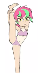 Size: 477x901 | Tagged: suggestive, artist:permpony, banned from derpibooru, ponybooru import, oc, oc:susie supreme, human, armpits, belly button, bra, butt freckles, clothes, female, freckles, humanized, humanized oc, image, incorrect foot anatomy, leg grab, leg lifted, lolicon, looking at you, panties, png, shoulder freckles, simple background, solo, standing splits, stretching, tan lines, uncomfortable, underage, underwear, white background