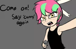 Size: 1154x750 | Tagged: safe, artist:permpony, ponybooru import, oc, oc:susie supreme, unofficial characters only, human, angry, armpits, bow, clothes, cunny, dialogue, freckles, gray background, gun, hair bow, humanized, humanized oc, image, looking at you, png, simple background, solo, tanktop, vulgar, weapon