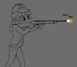 Size: 998x879 | Tagged: safe, artist:permpony, ponybooru import, oc, oc:susie supreme, unofficial characters only, human, clothes, freckles, gray background, grayscale, gun, hat, hoodie, humanized, humanized oc, image, monochrome, onomatopoeia, pants, png, ruger 10/22, shirt, simple background, solo, top cunt, vulgar, weapon