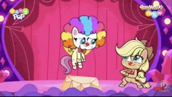 Size: 828x468 | Tagged: safe, derpibooru import, applejack, fluttershy, my little pony: pony life, spoiler:pony life, spoiler:pony life s02e19, apple, clown, clown nose, cute, flutterclown, food, image, jpeg, juggling, lolly-pop, tiny pop