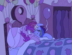 Size: 1000x755 | Tagged: safe, artist:anonymous, derpibooru import, pinkie pie, rainbow dash, earth pony, pegasus, pony, balloon, bed, blushing, cute, drawthread, female, image, lesbian, pinkiedash, png, requested art, shipping, sleeping