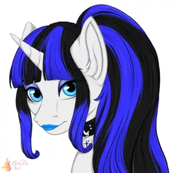 Size: 4050x4050 | Tagged: safe, artist:bellfa, derpibooru import, oc, oc:coldlight bluestar, pony, unicorn, bust, collar, eyeshadow, female, image, lipstick, looking at you, makeup, mare, png, ponytail, portrait, simple background, solo, white background