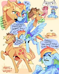 Size: 1080x1350 | Tagged: safe, artist:shugs_mcmaple, derpibooru import, applejack, pinkie pie, rainbow dash, earth pony, pegasus, pony, accident, alternate hairstyle, angry, apology, appledash, blushing, cheering, compliment, confetti, crying, female, flying, haircut, image, jpeg, lesbian, nickname, raised hoof, shipping, short hair, simple background, smiling, teary eyes