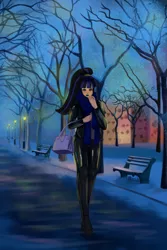 Size: 1440x2160 | Tagged: safe, artist:amywhooves, derpibooru import, oc, oc:coldlight bluestar, human, bag, bench, blue eyeshadow, blue lipstick, boots, casual latex, chair, clothes, evening, eyeshadow, hair tie, high heels, humanized, image, jacket, jpeg, latex, latex pants, light bulb, lipstick, long scarf, looking down, makeup, outdoors, park, platform heels, platform shoes, ponytail, scarf, shoes, smiling, solo, streetlight, sweater, tree, walking, watermark, winter, winter outfit