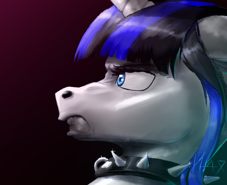 Size: 2200x1800 | Tagged: safe, artist:inaya, derpibooru import, oc, oc:coldlight bluestar, pony, unicorn, angry, angry face, bust, choker, collar, female, image, looking sideways, mare, png, portrait, profile, simple background, solo, spiked choker, spiked collar
