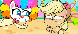 Size: 1432x624 | Tagged: safe, derpibooru import, screencap, applejack, fluttershy, earth pony, pegasus, pony, my little pony: pony life, spoiler:pony life, spoiler:pony life s02e19, animated, applejack's hat, blinking, bowtie, clown, clown makeup, clown nose, clown wig, cowboy hat, duo, duo female, female, flutterclown, gif, hat, honk, honk honk, image, lolly-pop, red nose, scared, wavy mouth, wig