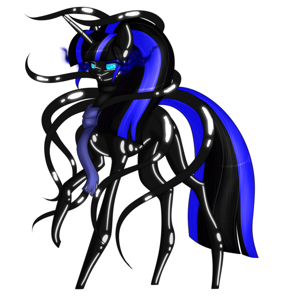 Size: 2000x2000 | Tagged: artist needed, suggestive, derpibooru import, oc, oc:coldlight bluestar, pony, unicorn, choker, clothes, female, glowing eyes, image, latex, latex symbiote, living latex, looking at you, magic, mare, png, ponytail, scarf, simple background, smiling, smiling at you, solo, symbiote, tentacles, transparent background