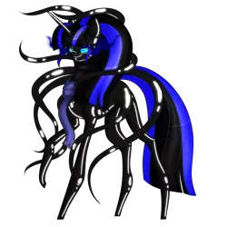 Size: 2000x2000 | Tagged: artist needed, suggestive, derpibooru import, oc, oc:coldlight bluestar, pony, unicorn, choker, clothes, female, glowing eyes, image, latex, latex symbiote, living latex, looking at you, magic, mare, png, ponytail, scarf, simple background, smiling, smiling at you, solo, symbiote, tentacles, transparent background