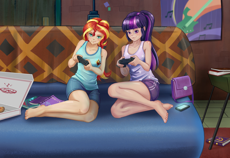 Size: 2434x1676 | Tagged: safe, artist:scs-g3-n17, derpibooru import, sci-twi, sunset shimmer, twilight sparkle, equestria girls, barefoot, blue bottomwear, blue topwear, book, clothes, confident, controller, couch, denim shorts, feet, food, friendship journal, gamer girl, gym shorts, handbag, human coloration, image, indoors, journal, jpeg, legs, living room, mobile phone, multicolored hair, pepperoni pizza, phone, pizza, pizza box, playing, ponytail, purple eyes, request, requested art, shiny skin, shorts, sitting, smartphone, smiling, sunset's apartment, tanktop, teal eyes, tomboy, two toned bottomwear, two toned hair, video game