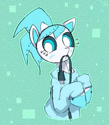 Size: 467x538 | Tagged: safe, artist:saltycube, derpibooru import, earth pony, pony, robot, robot pony, my little pony: pony life, abstract background, blushing, cable, clothes, derpibooru exclusive, female, hoodie, image, mare, mecha pony, mouth hold, natalie, png, solo, usb