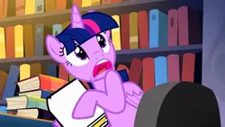 Size: 720x407 | Tagged: safe, artist:rsa.fim, derpibooru import, twilight sparkle, alicorn, book, exploitable meme, image, jpeg, library, meme, open mouth, photo, scared, solo, template, twilight sparkle (alicorn)