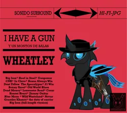 Size: 1435x1285 | Tagged: safe, artist:wheatley r.h., derpibooru import, oc, oc:w. rhinestone eyes, changeling, pony, album cover, bat wings, big iron, blue changeling, changeling oc, cowboy, cowboy hat, derpibooru exclusive, fallout, fallout: new vegas, gun, handgun, hat, honeypot changeling, image, jpeg, male, marty robbins, red background, revolver, simple background, solo, song reference, stallion, vector, watermark, weapon, wings