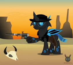 Size: 1280x1147 | Tagged: safe, artist:101dsz, artist:wheatley r.h., derpibooru import, oc, oc:w. rhinestone eyes, changeling, pony, bat wings, big iron, blue changeling, changeling oc, cow skull, cowboy, cowboy hat, desert, fallout, fallout: new vegas, gun, handgun, hat, honeypot changeling, image, jpeg, male, marty robbins, revolver, skull, solo, stallion, sunset, vector, watermark, weapon, wings