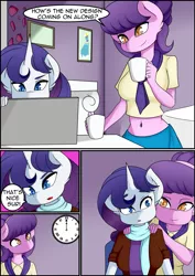 Size: 2971x4200 | Tagged: safe, artist:caoscore, derpibooru import, rarity, suri polomare, unicorn, belly button, bellyring, clothes, comic, dialogue, female, females only, image, lesbian, massage, midriff, mug, piercing, png, shipping, short shirt, surity