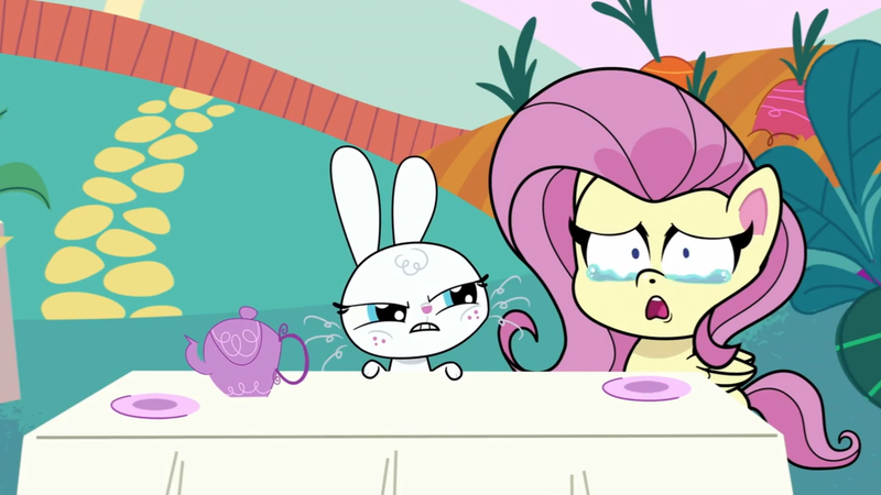 Size: 1280x720 | Tagged: safe, derpibooru import, screencap, angel bunny, fluttershy, pegasus, pony, rabbit, my little pony: pony life, spoiler:pony life s02e06, angel is a bunny bastard, angry, animal, crying, duo, female, image, kettle, male, mare, open mouth, plate, png, teapot, teeth, the tiara of truth