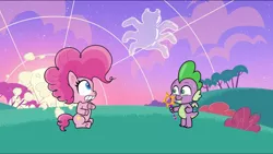 Size: 1280x720 | Tagged: safe, derpibooru import, screencap, pinkie pie, spike, dragon, earth pony, pony, spider, my little pony: pony life, spoiler:pony life s02e08, bubble, bubble trouble, bubble wand, cute, cute little fangs, duo, fangs, female, image, male, mare, png, scared, smiling, spikabetes, winged spike