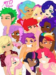 Size: 659x877 | Tagged: safe, artist:nalanisumner17, derpibooru import, apple bloom, applejack, fluttershy, pinkie pie, princess cadance, princess celestia, princess luna, rainbow dash, rarity, scootaloo, spike, sweetie belle, twilight sparkle, human, alternate hairstyle, base used, blushing, book, bowtie, clothes, cutie mark crusaders, dark skin, ear piercing, elf ears, eyebrow piercing, eyeshadow, female, flannel, flower, flower in hair, grin, gritted teeth, hoodie, hug, humanized, image, jpeg, lipstick, looking at each other, makeup, male, mane seven, mane six, nose piercing, one eye closed, piercing, royal sisters, shirt, siblings, simple background, sisters, smiling, tanktop, t-shirt, white background, wink