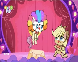 Size: 828x656 | Tagged: safe, derpibooru import, applejack, fluttershy, my little pony: pony life, spoiler:pony life, spoiler:pony life s02e19, clown, clown nose, flutterclown, image, jpeg, lolly-pop