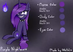 Size: 1040x740 | Tagged: safe, artist:whitelie, derpibooru import, oc, oc:purple nightmare, unofficial characters only, unicorn, choker, image, looking at you, png, reference sheet, simple background, sitting, smiling, spiked choker