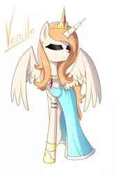 Size: 1092x1636 | Tagged: safe, artist:whitelie, derpibooru import, oc, oc:vanilla, alicorn, alicorn oc, clothes, dress, eyes closed, horn, image, jewelry, makeup, png, simple background, tiara, white background, wings