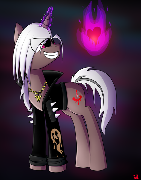 Size: 1100x1400 | Tagged: safe, artist:whitelie, derpibooru import, oc, unofficial characters only, unicorn, clothes, collar, fire, heart, image, jacket, png, simple background, smiling, spikes