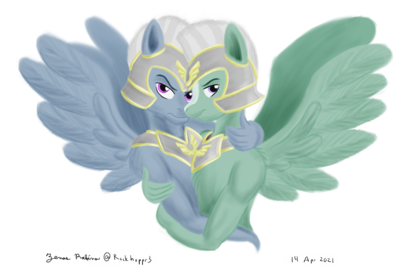 Size: 1600x1100 | Tagged: safe, artist:rockhoppr3, derpibooru import, unnamed character, unnamed pony, anthro, pegasus, pony, duo, duo male, g5, gay, guard, helmet, hug, image, looking at you, male, peytral, png, simple background, spread wings, stallion, thunder (g5), transparent background, wings, zoom zephyrwing