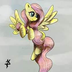 Size: 1280x1280 | Tagged: safe, artist:jekartist, derpibooru import, fluttershy, pegasus, pony, deviantart watermark, female, flying, head turned, image, looking away, mare, obtrusive watermark, outdoors, png, sky, sky background, smiling, solo, spread wings, watermark, wings