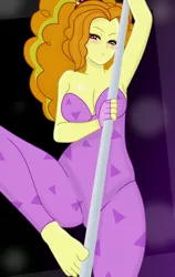 Size: 1000x1584 | Tagged: suggestive, artist:grapefruit-face, derpibooru import, adagio dazzle, equestria girls, barefoot, base used, blushing, breasts, busty adagio dazzle, cleavage, clothes, curly hair, dancing, derpibooru exclusive, feet, image, jumpsuit, looking at you, png, pole dancing, strapless, stripper pole, tsundere