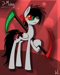 Size: 940x1160 | Tagged: safe, artist:whitelie, derpibooru import, oc, oc:mohag, unofficial characters only, pegasus, glowing eyes, image, png, scythe, simple background, weapon