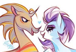 Size: 2652x1838 | Tagged: safe, artist:snowballflo, derpibooru import, idw, crystal (character), dust devil (comic), abada, kelpie, pony, bedroom eyes, crystaldevil, fangs, female, heart, image, looking at each other, mare, markings, nonbinary, open mouth, png, shipping, simple background, white background