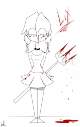 Size: 1440x2260 | Tagged: semi-grimdark, artist:whitelie, derpibooru import, oc, oc:lix, unofficial characters only, human, blood, choker, clothes, fork, humanized, humanized oc, image, looking at you, pigtails, png, shirt, simple background, sketch, skirt, weapon, white background