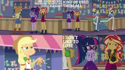 Size: 1280x720 | Tagged: safe, derpibooru import, edit, edited screencap, editor:quoterific, screencap, applejack, flam, flim, sci-twi, sunset shimmer, twilight sparkle, equestria girls, equestria girls series, rollercoaster of friendship, applejack's hat, belt, bowtie, clothes, cowboy hat, cutie mark, cutie mark on clothes, denim skirt, female, flim flam brothers, geode of empathy, geode of super strength, geode of telekinesis, glasses, hands behind back, hat, image, jacket, jewelry, jpeg, leather, leather jacket, magical geodes, male, necklace, ponytail, skirt, ticket